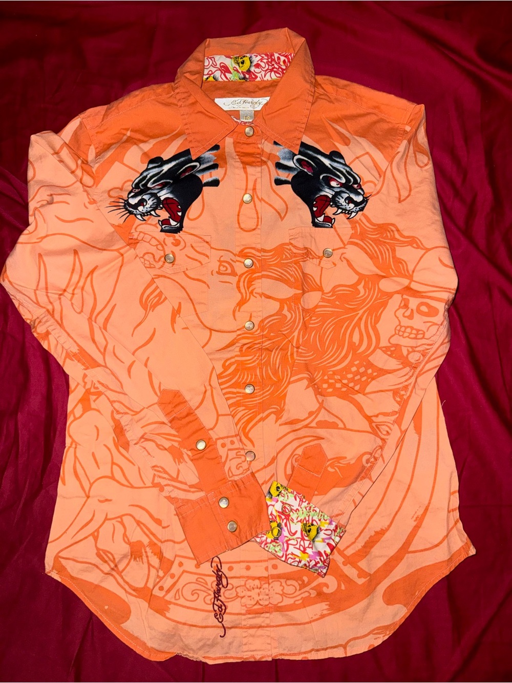 *RARE* Vintage Ed Hardy Orange Button Up Shirt Black Panther, Skull Graphic